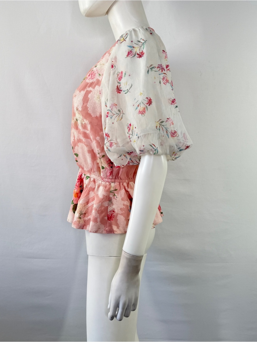 Hemant & Nandita Pink Rose Garden Floral Peplum Blouse Size S Coquette Romantic - Picture 3 of 8